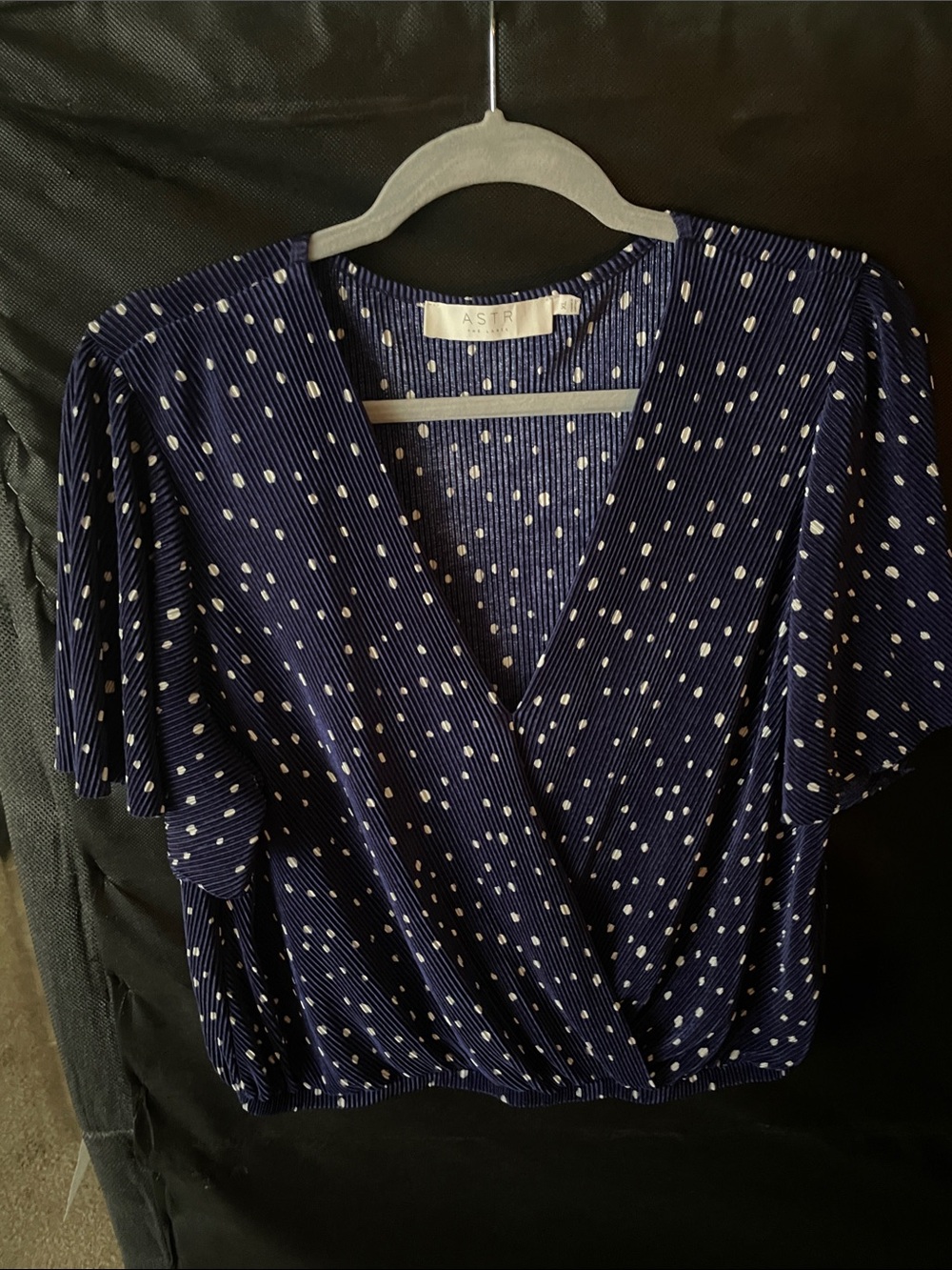 Astr Navy and White Polka Dot Wrap Blouse